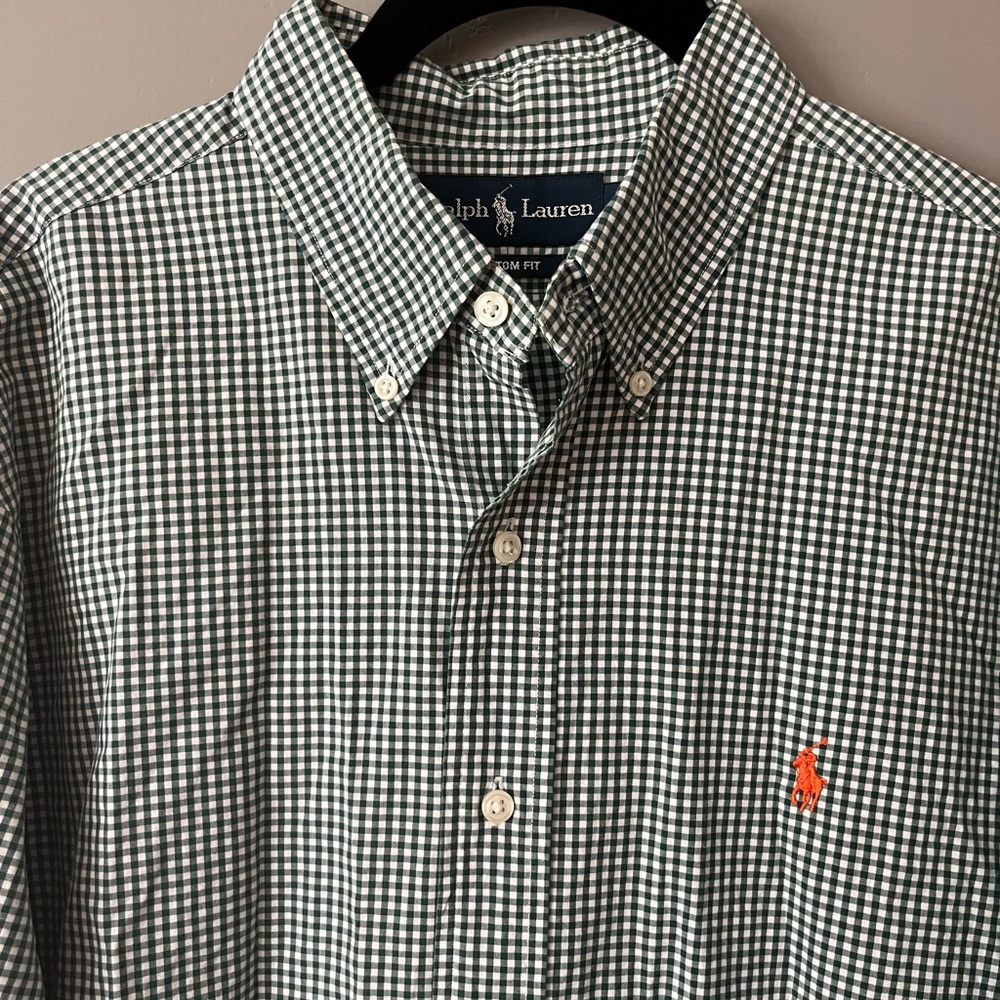 Ralph Lauren Custom Fit Green Gingham Check Button Down Shirt Men’s Size L - Picture 2 of 8